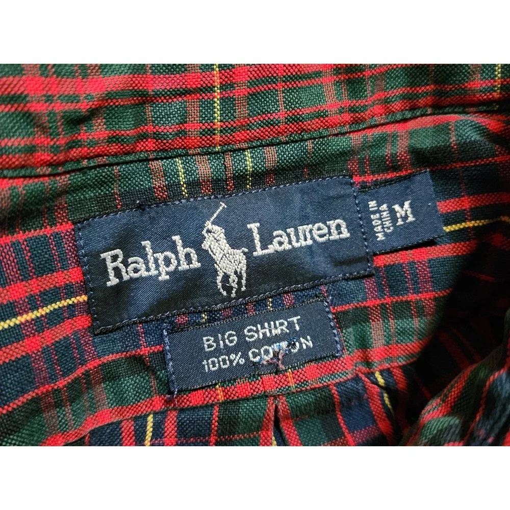Polo Ralph Lauren Big Shirt Mens M Red Royal Stewart Plaid Button Down Pony VTG